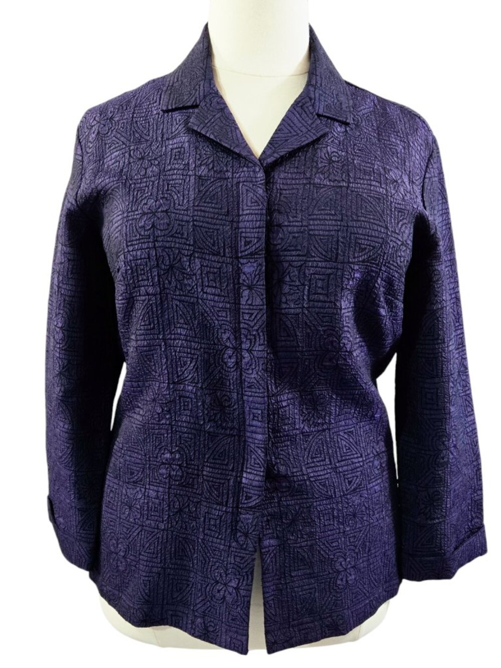 Vintage Chico's Design Dark Purple Geo Floral Textured Button-Up Jacket Artsy
